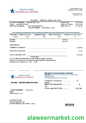 USA Maryland American water business utility bill template in Word and PDF formats